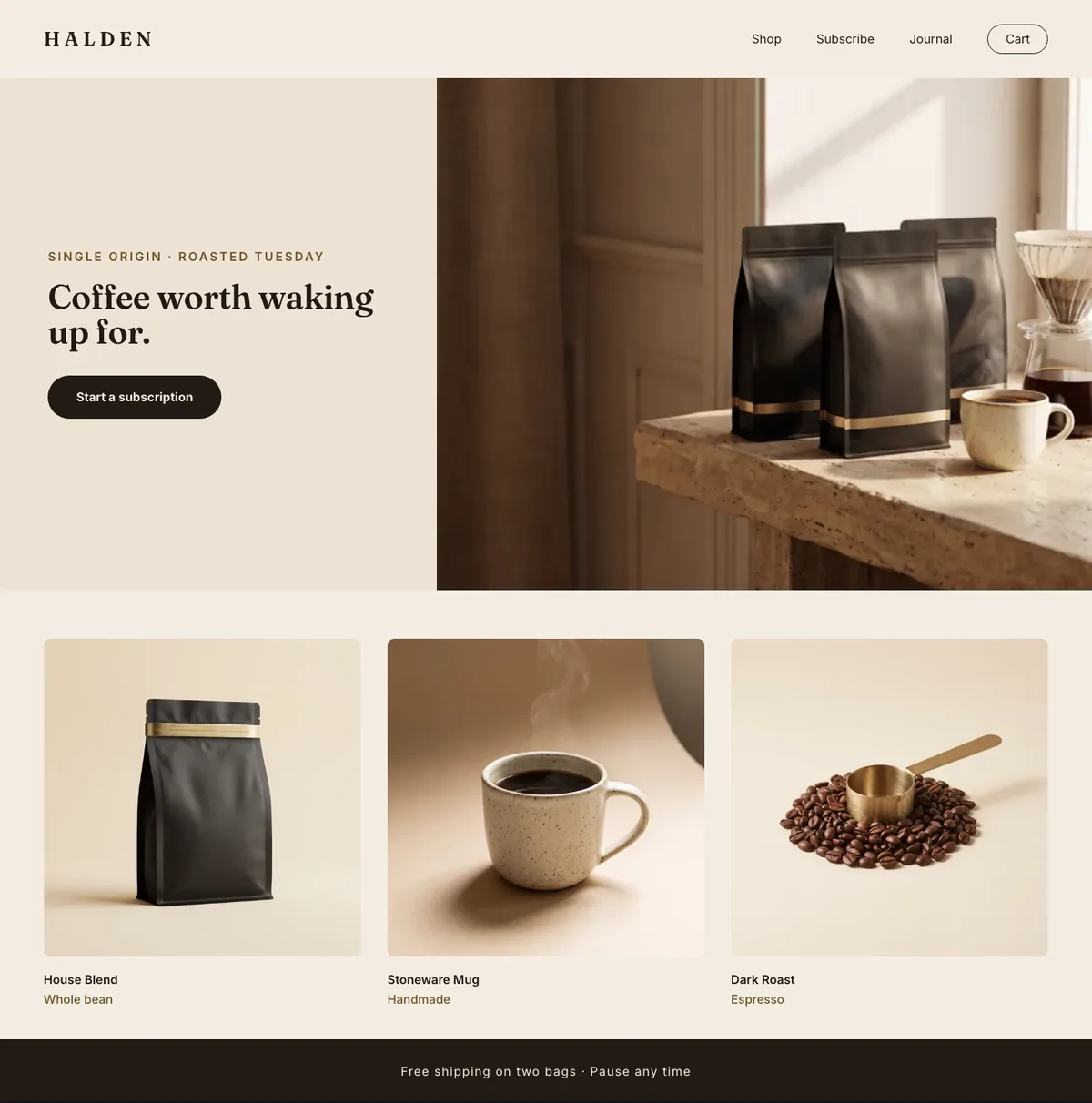 Halden concept store: hero, product row and subscription band