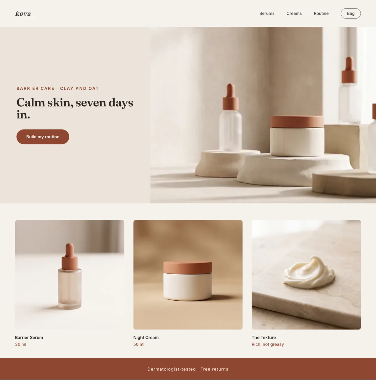 Kova concept store: hero, product row and returns band