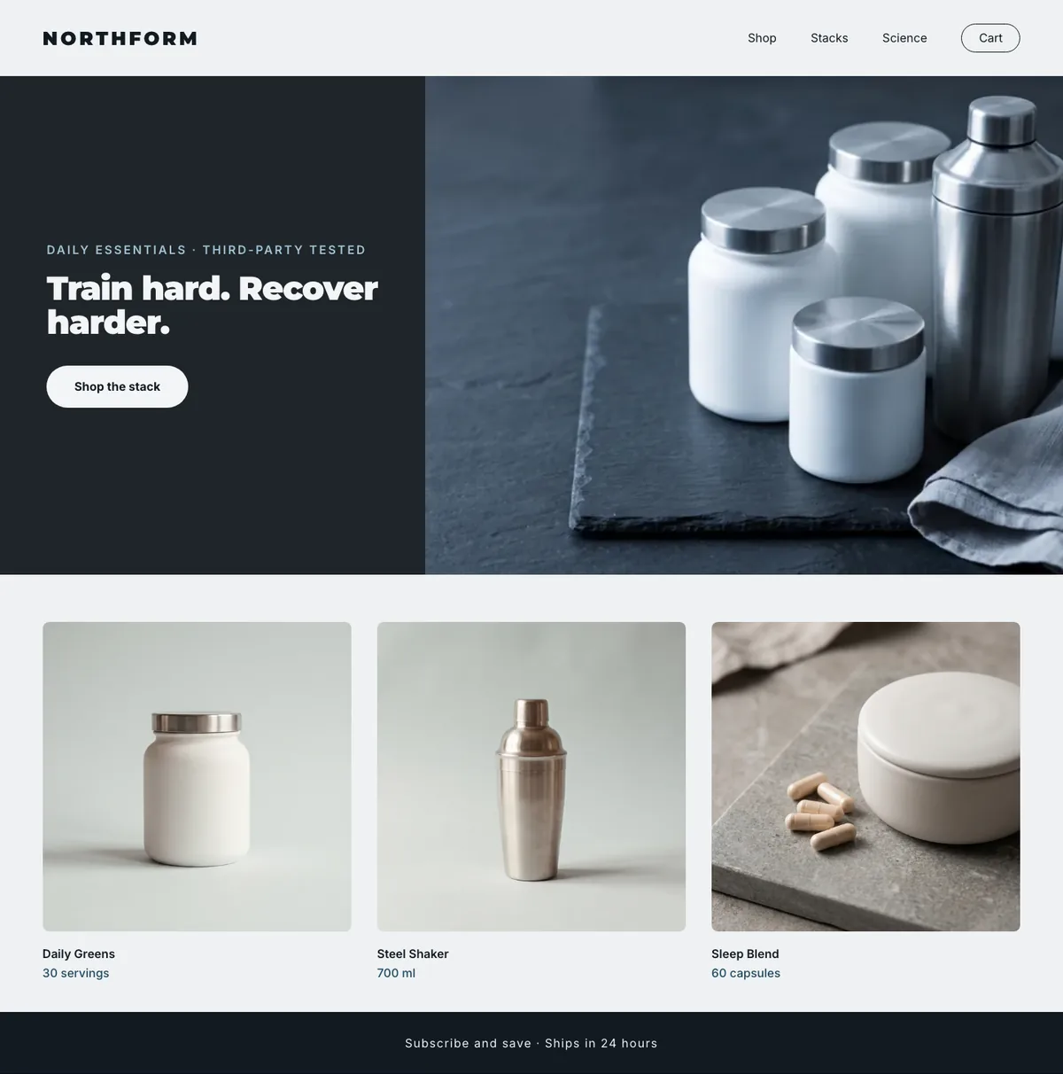 Northform concept store: hero, product row and subscribe band