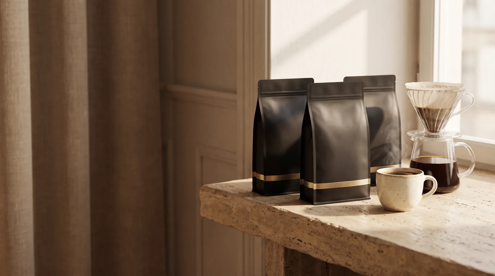 Concept store for Halden Coffee: black coffee pouches on a travertine counter