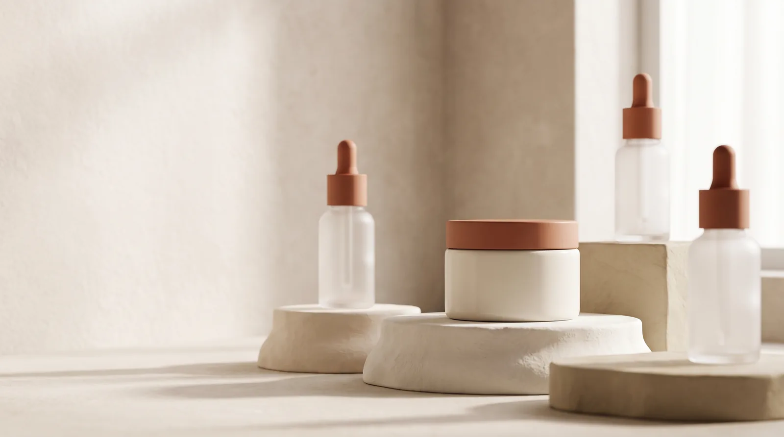 Concept store for Kova Skin: frosted serum bottles on plaster plinths