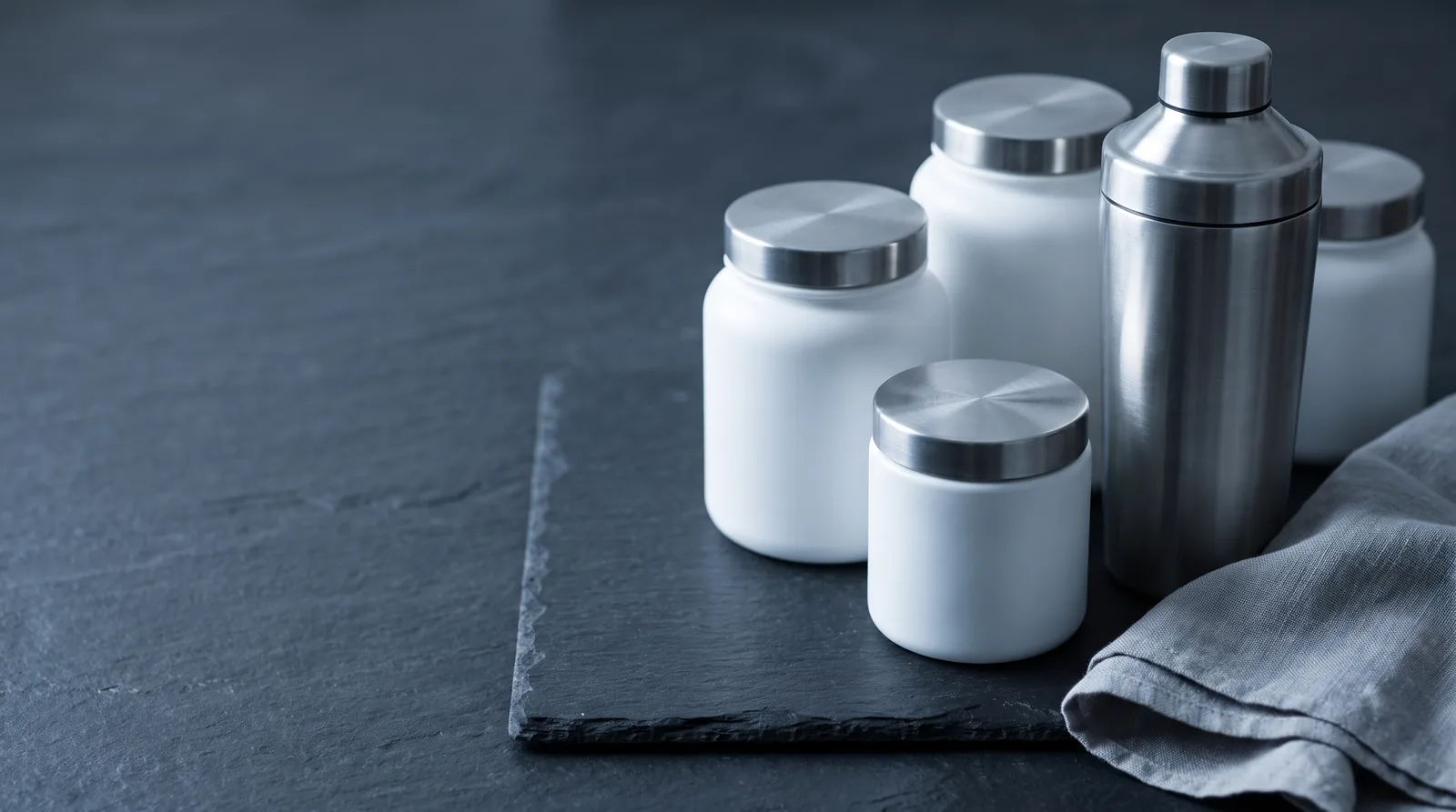 Concept store for Northform: white jars and a steel shaker on slate